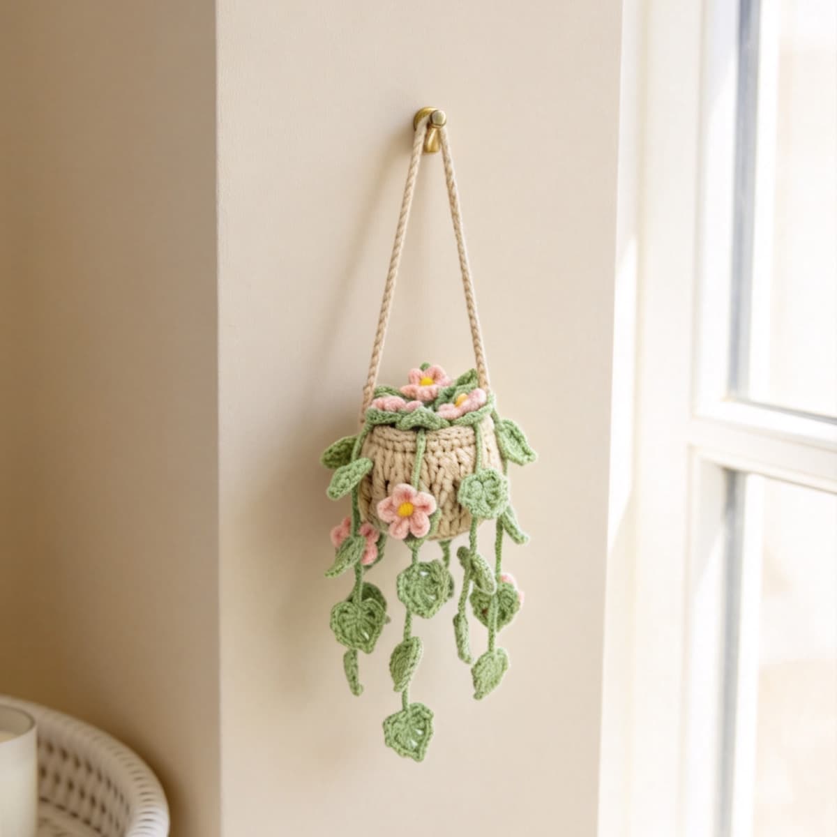 Adorno colgante tejido al crochet con flores rosa