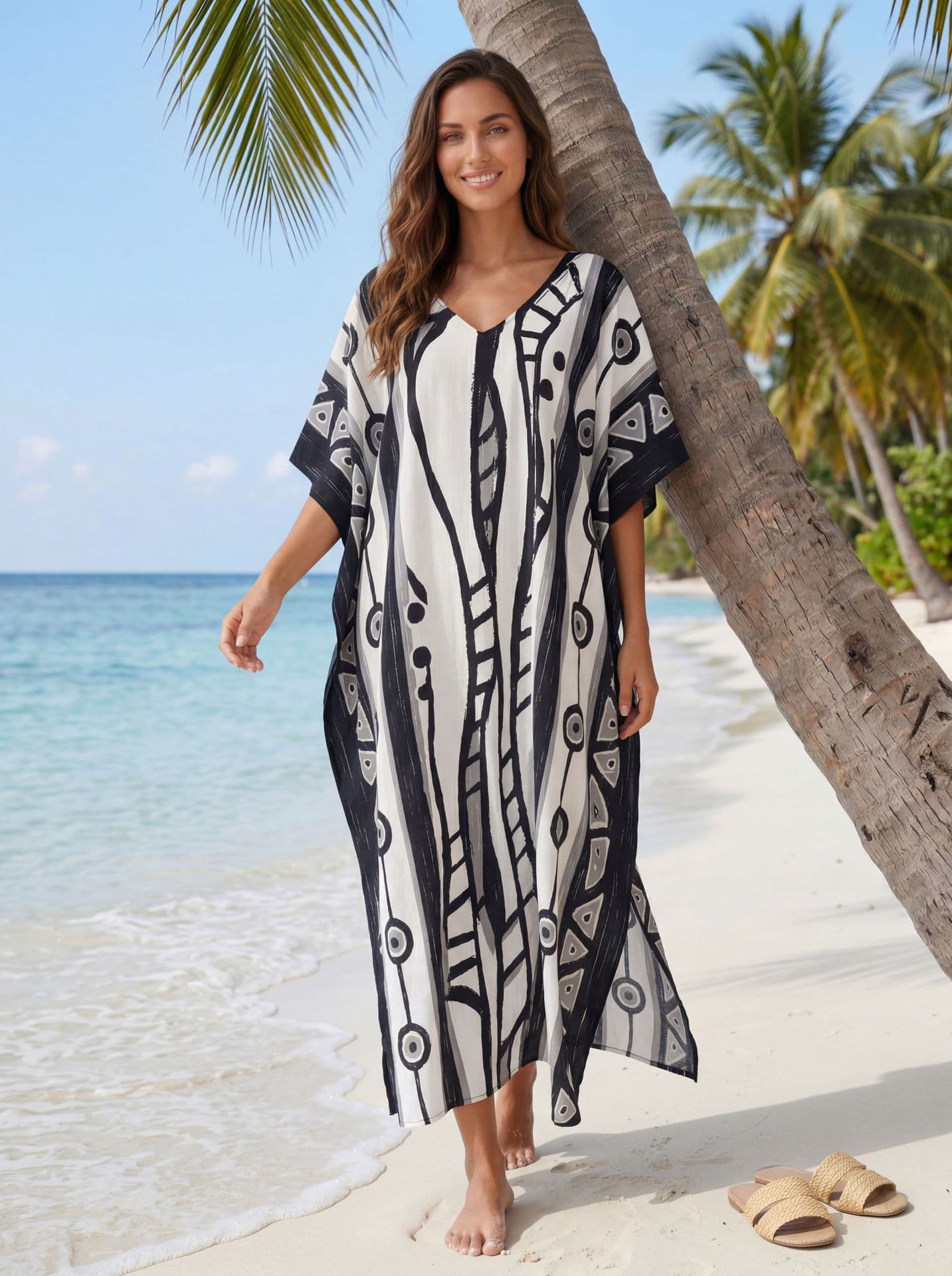Vestido de playa talla grande kaftan suelto con escote V