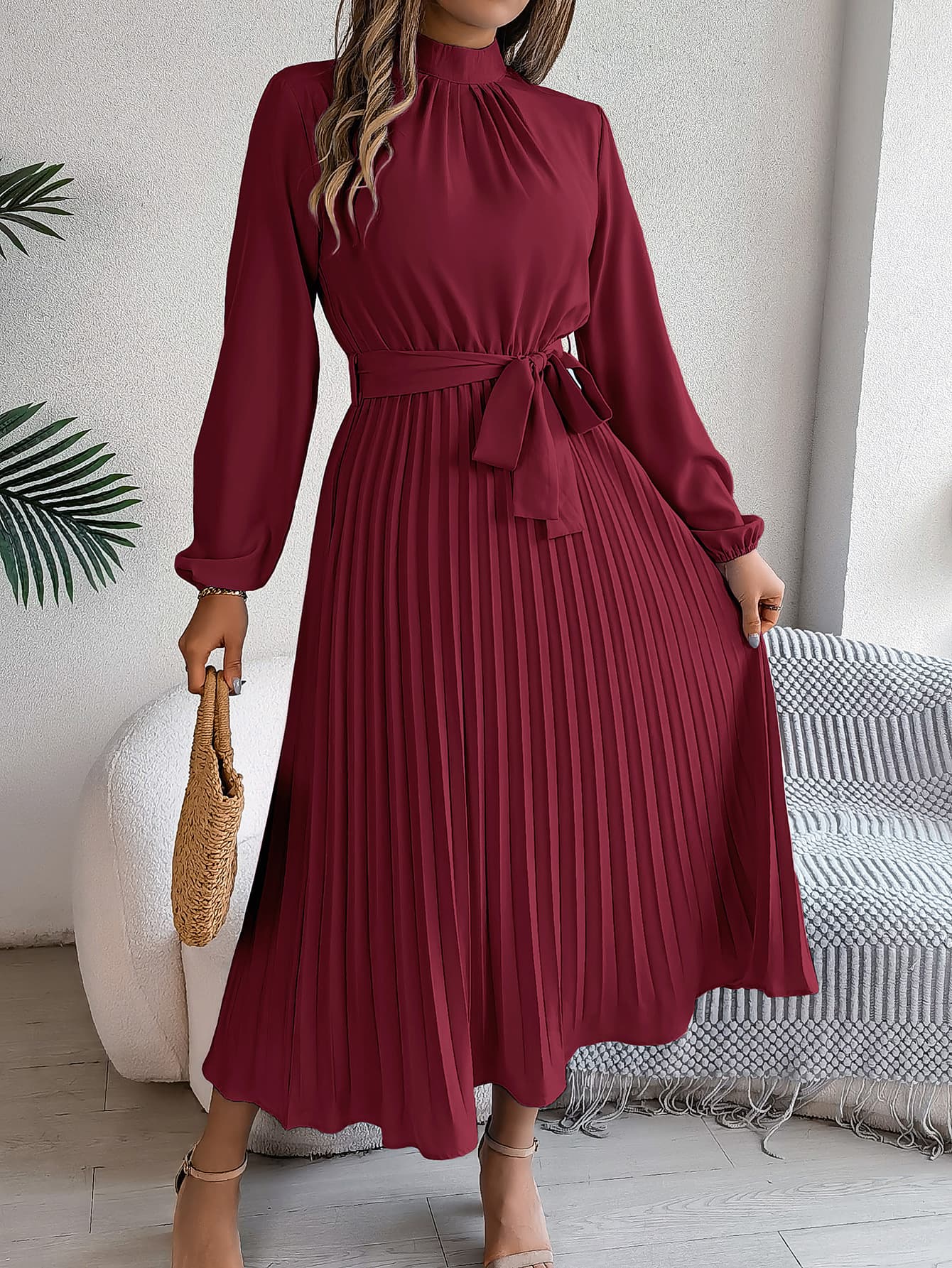 Vestido elegante para mujer otoño invierno con cuello alto y pliegues