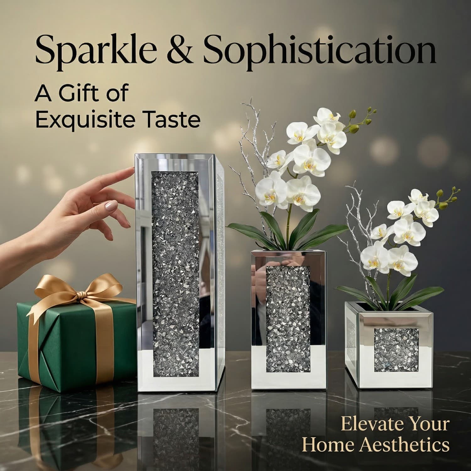Juego de 3 jarrones decorativos espejo con diamantes, plateados