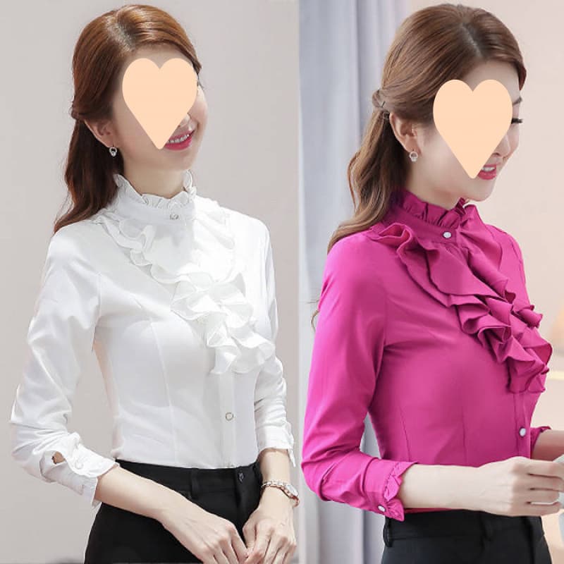 Camisa de algodón con cuello de pie y manga larga