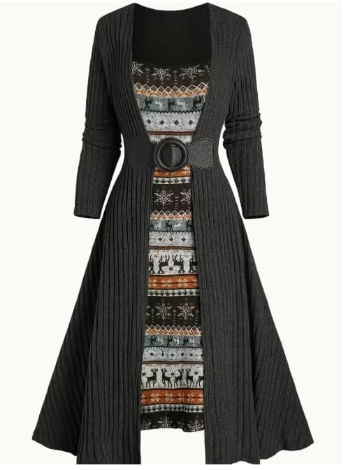 Vestido de manga larga con costura y rayas hundidas