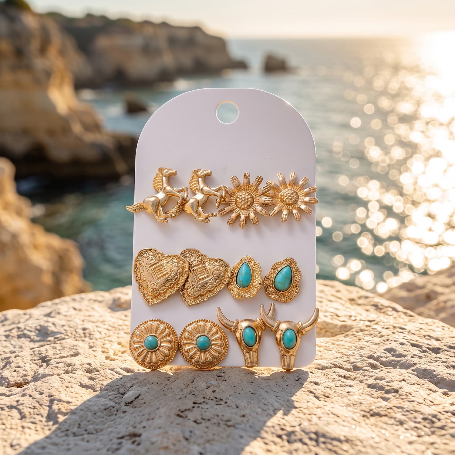 6 pares de aretes turquesas estilo bohemio para mujer