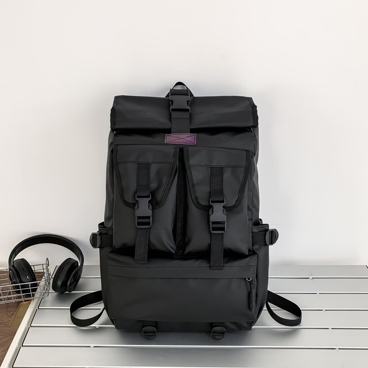 Mochila de viaje negra gran capacidad para hombre