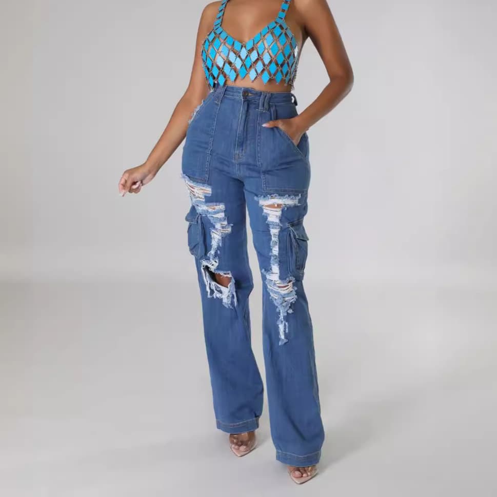 Jeans mujer rotos cintura alta elásticos