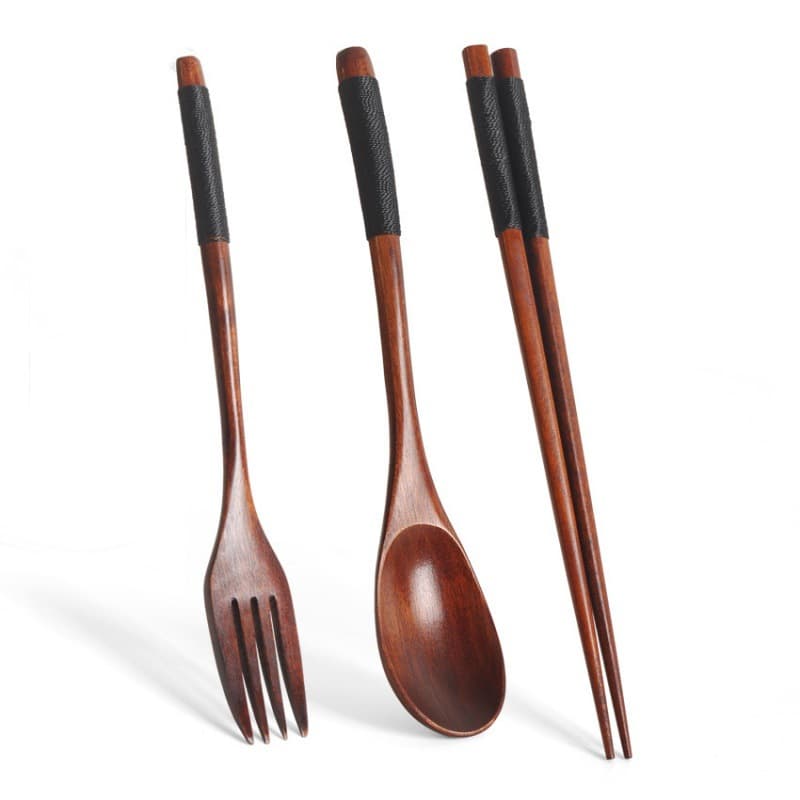 Set de cubiertos de madera con asa larga portátil