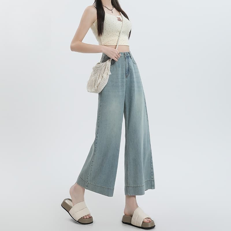 Pantalones de seda helada rectos de talle alto, pierna ancha