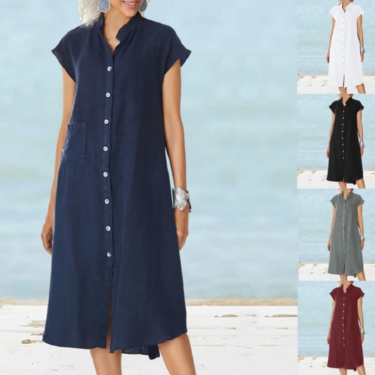 Vestido cardigan estilo casual con cuello de pie y bolsillos
