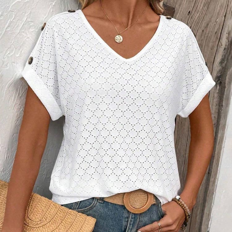 Camiseta suelta con botones y manga corta para mujer
