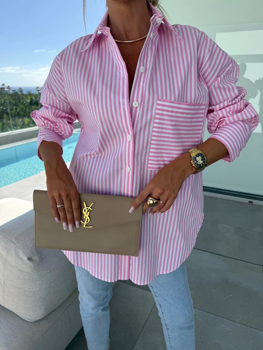 Blusa mujer manga larga con estampado rayado y dobladillo irregular