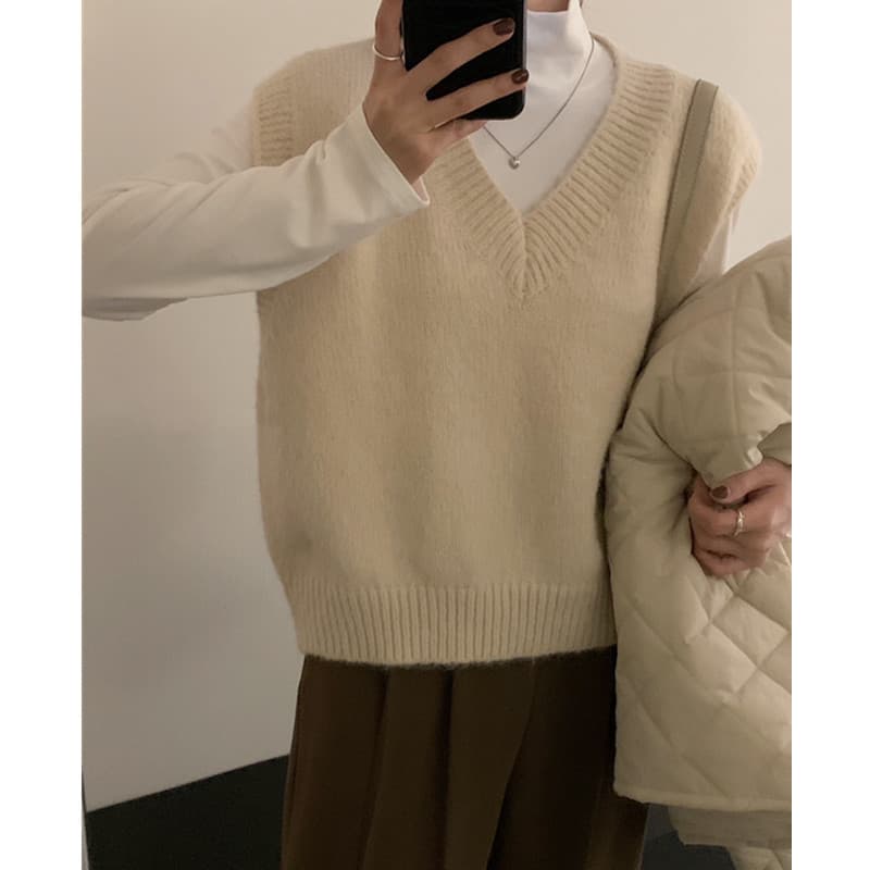 Suéter tejido escote V, ajuste holgado para otoño e invierno