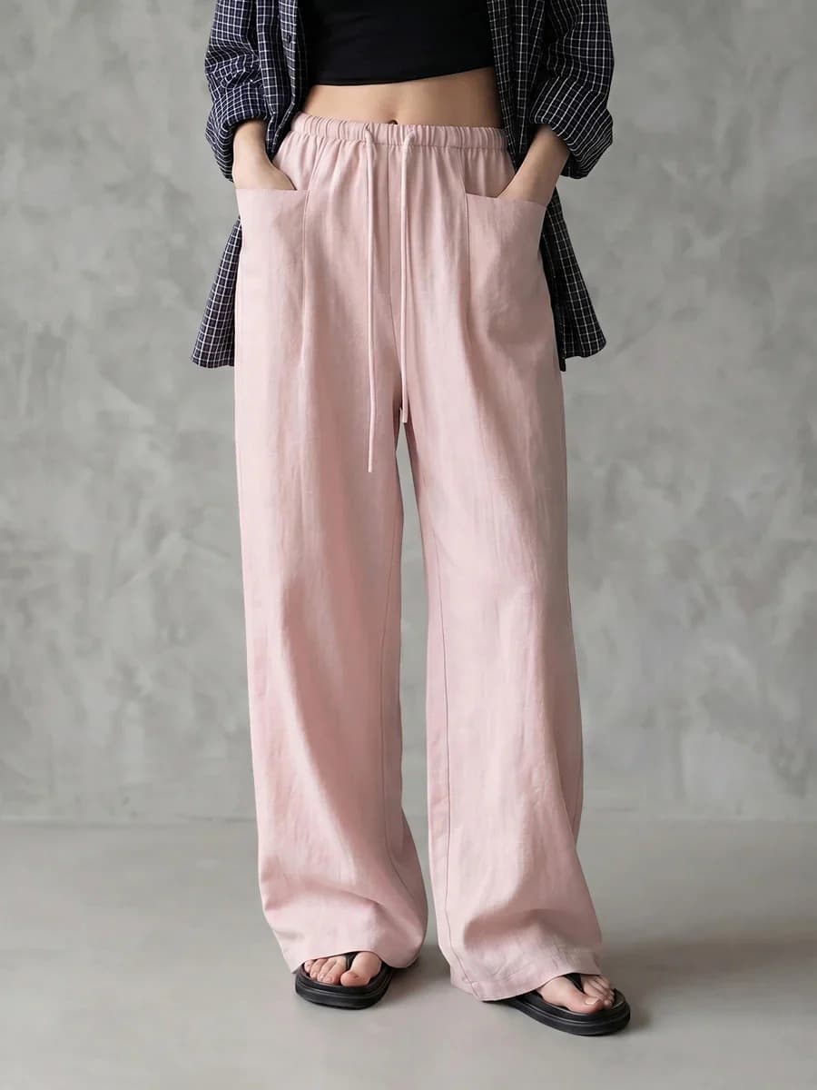 Pantalones anchos cintura alta con cordón para mujer