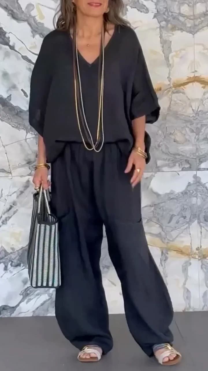 Traje de mujer algodón y lino con cuello en V