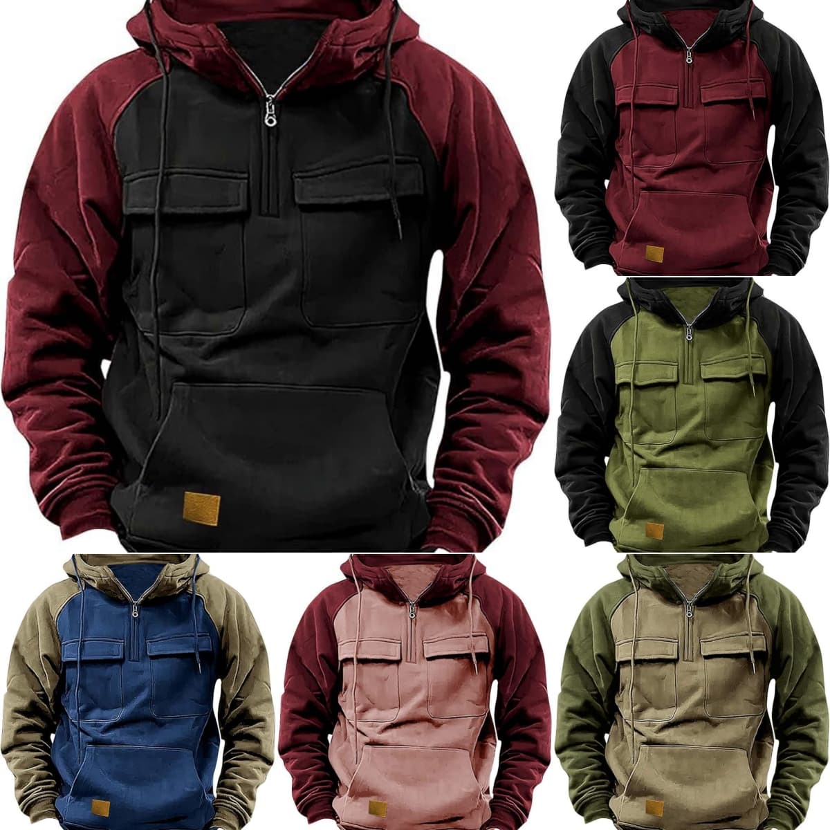 Sudadera capucha cargo retro cierre medio invierno