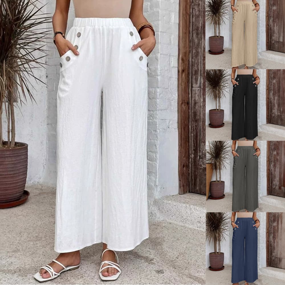Pantalones anchos elásticos de cintura alta en colores sólidos