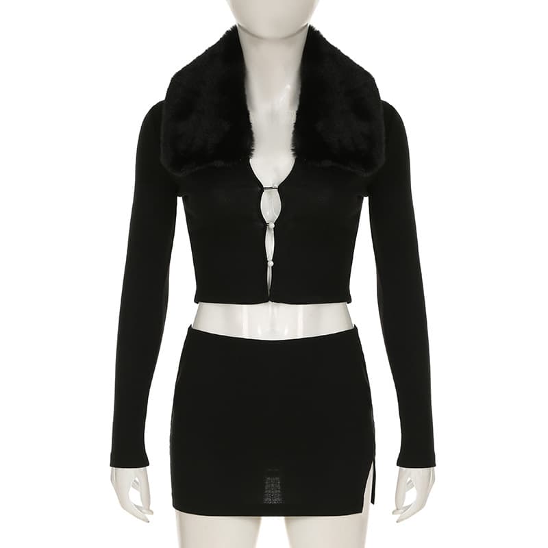 Conjunto de blusa con cuello de piel y falda segmentada