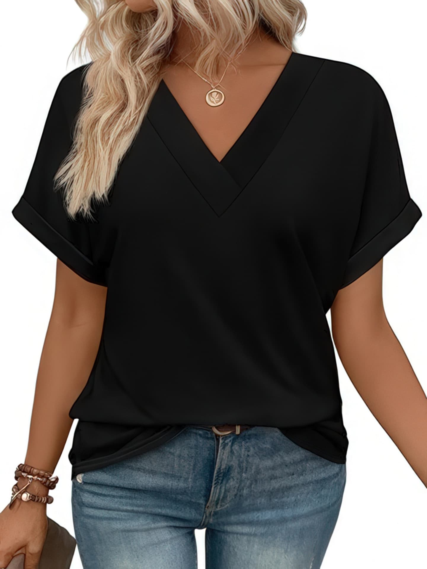 Camiseta mujer cuello V manga corta suelta