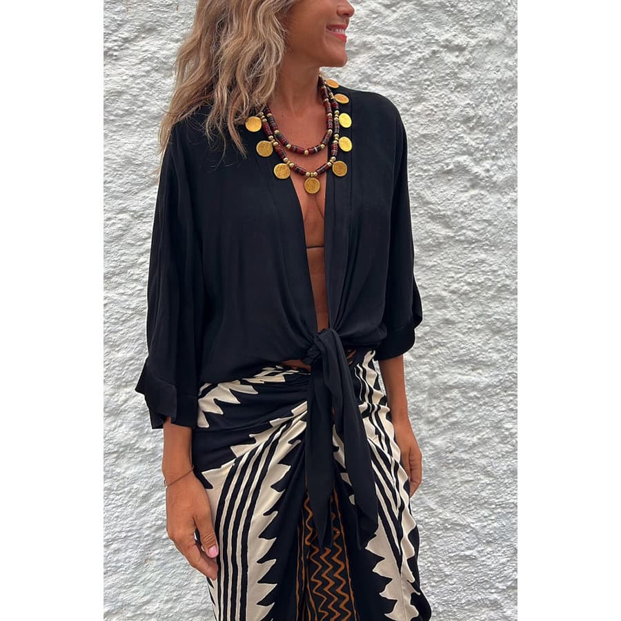 Camisa casual con cordones y manga 3/4 para mujer