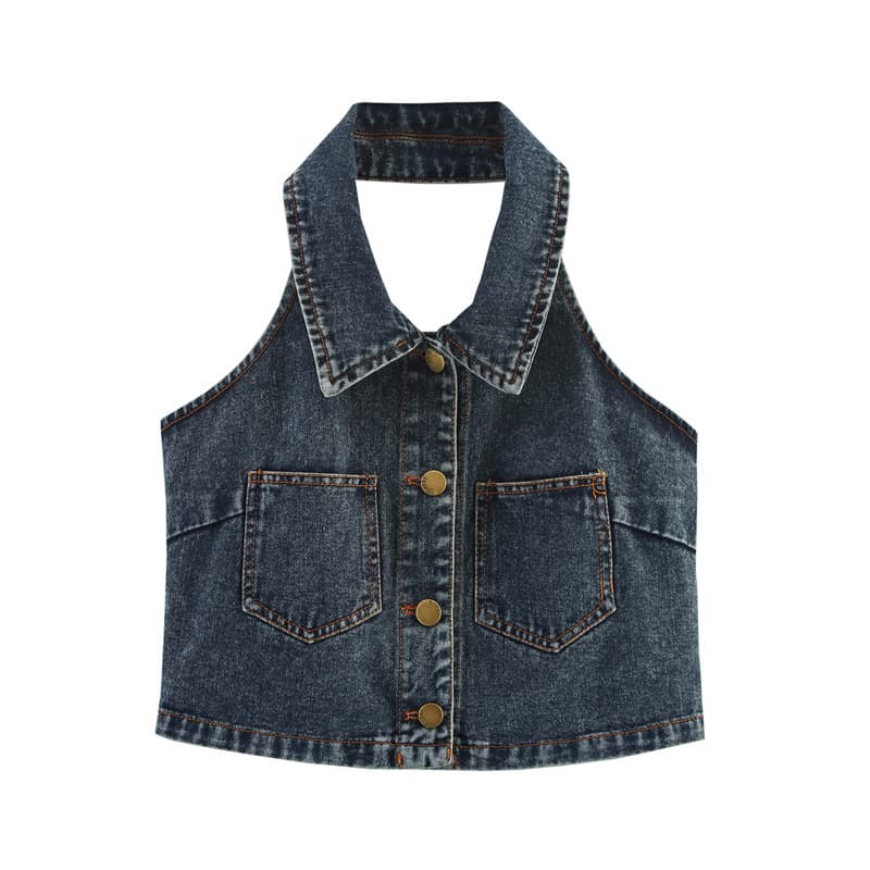 Camiseta sin espalda elegante tipo halter denim