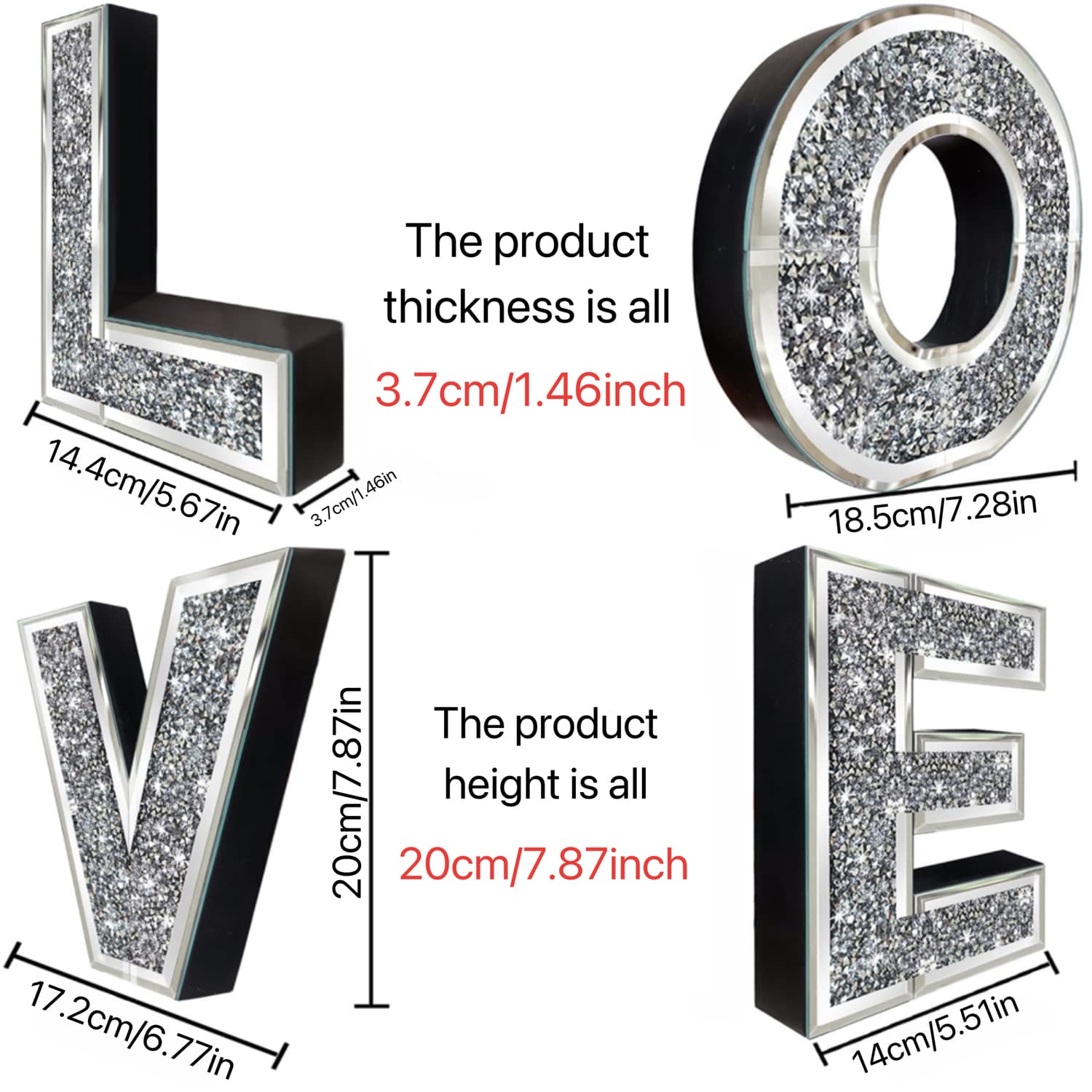 Letras 3D LOVE con diamantes y espejo