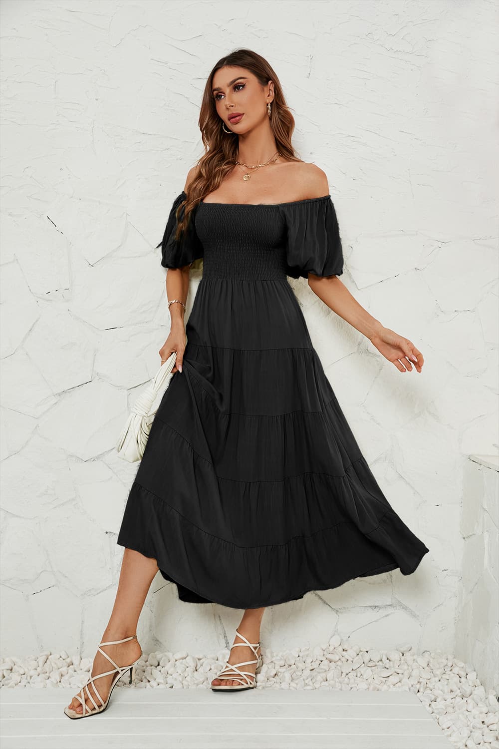 Vestido de verano sin espalda, cuello cuadrado y manga abullonada