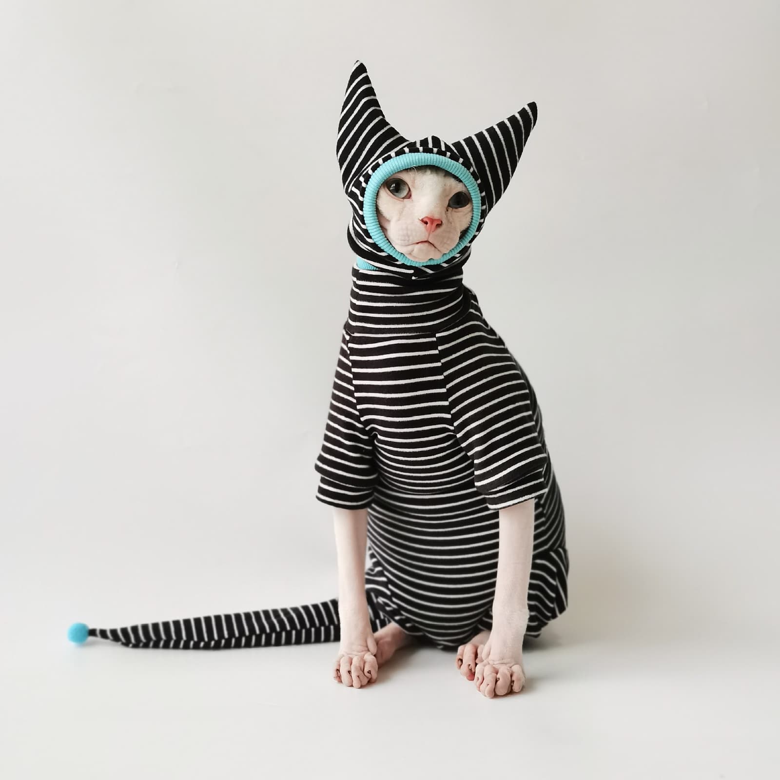 Pijama de gato sin pelo con rayas, gorro y cola