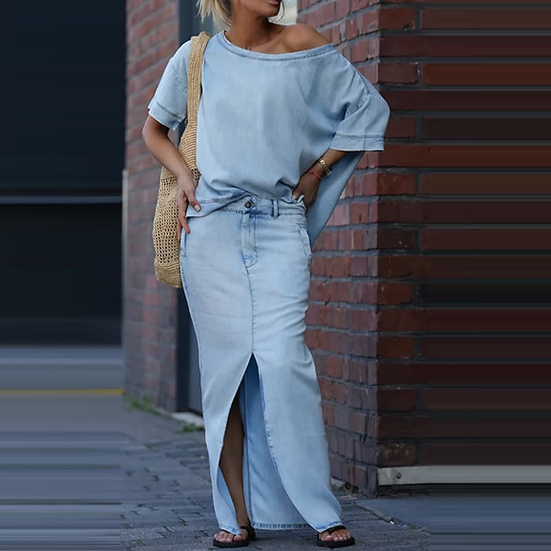 Conjunto de blusa holgada y falda maxi slim para mujer