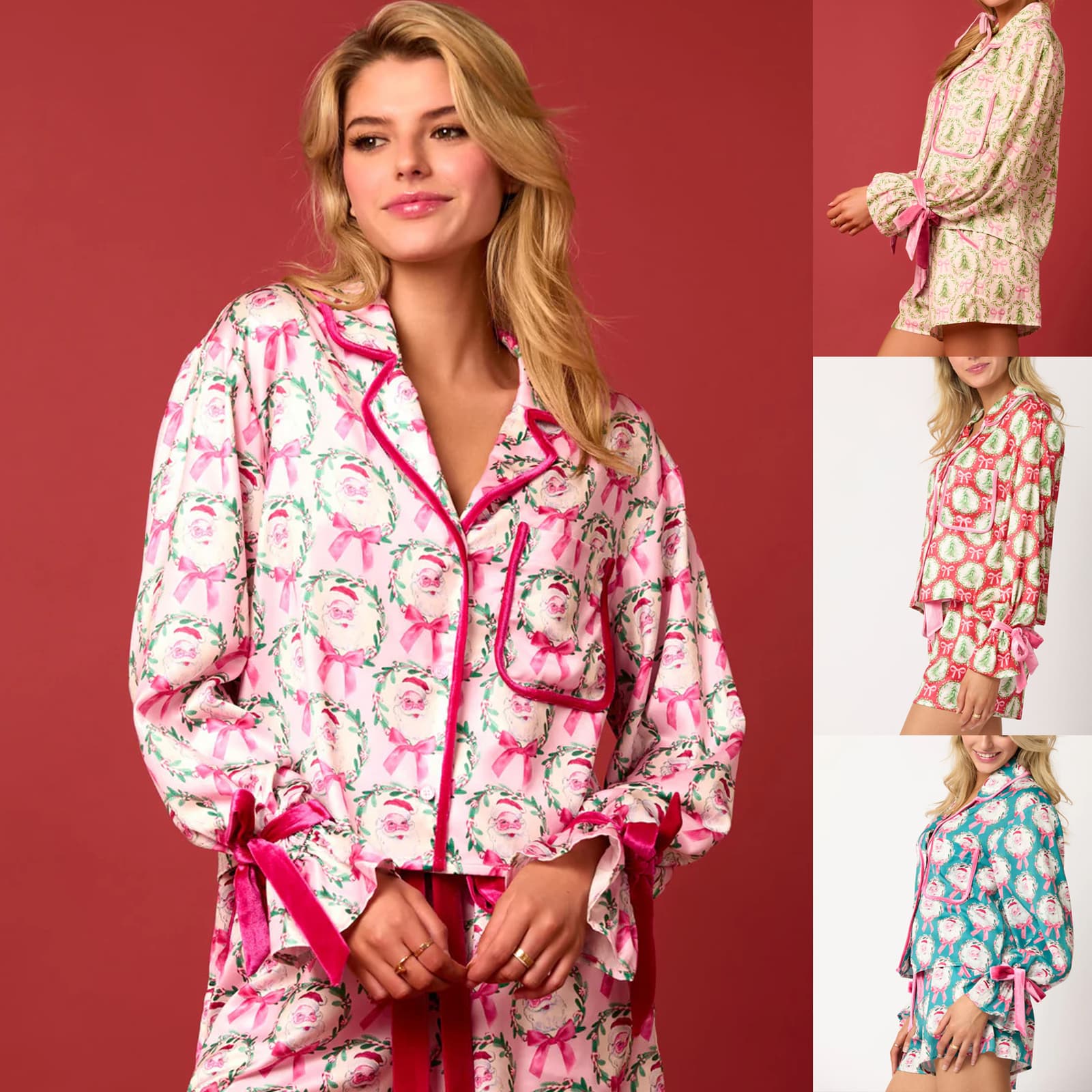 Pijama navideño para mujer con estampado de Santa y árbol, 2 piezas