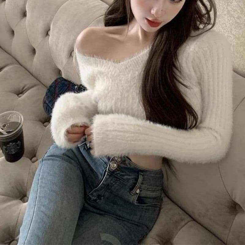 Suéter de cuello V para mujer, manga larga