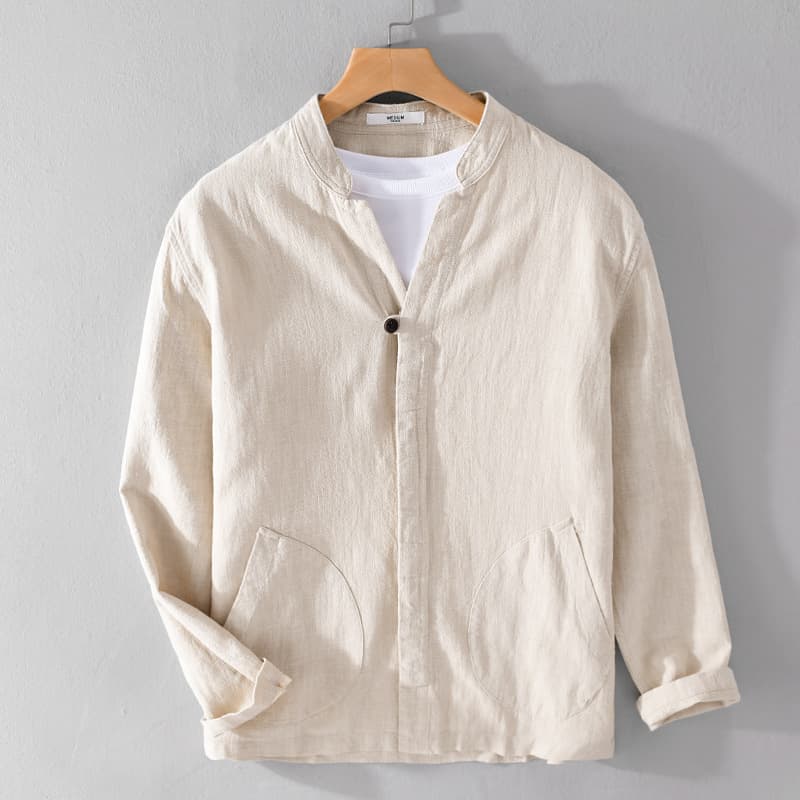Camisa de lino ramio manga larga, estilo casual suelto