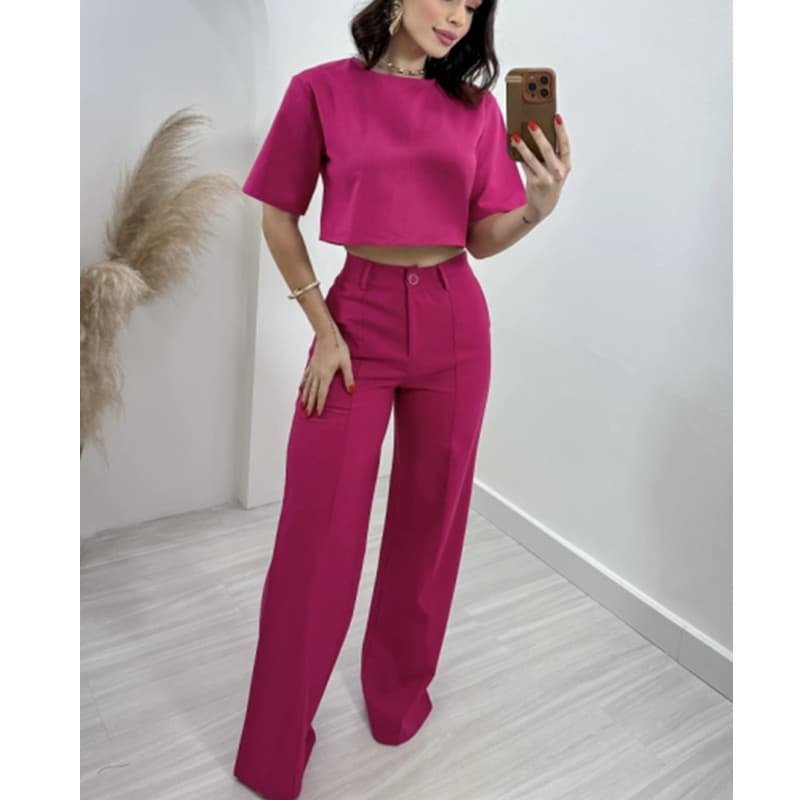 Conjunto de blusa corta y pantalones tipo linterna en algodón y lino