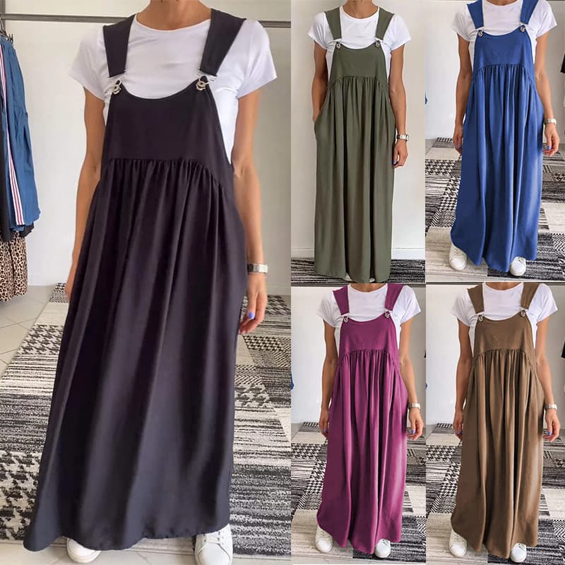 Vestido largo con tirantes de algodón y lino