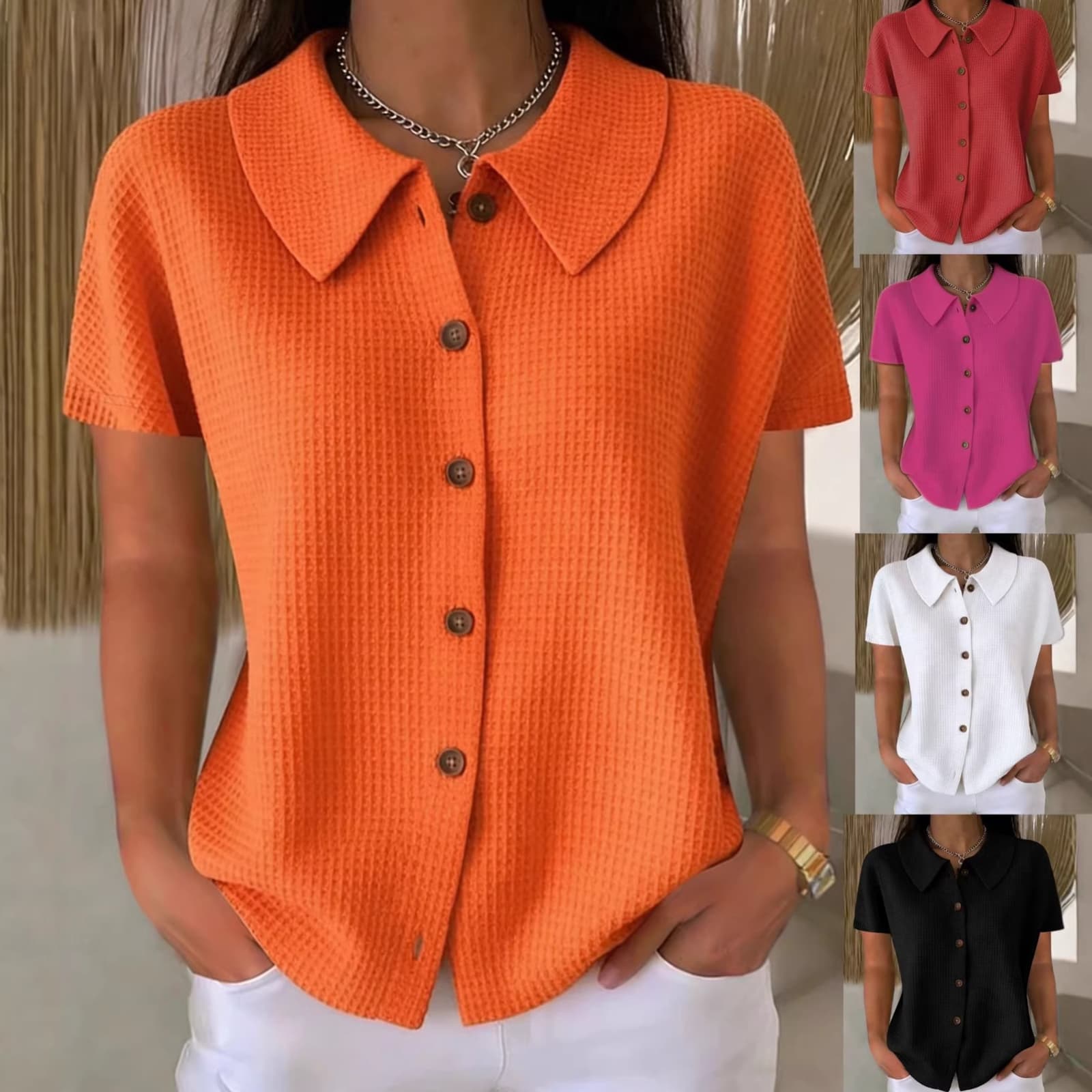 Blusa mujer cuello bajo tejido waffle manga corta