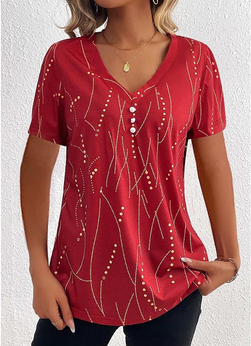 Camiseta de cuello en V con manga corta para mujer
