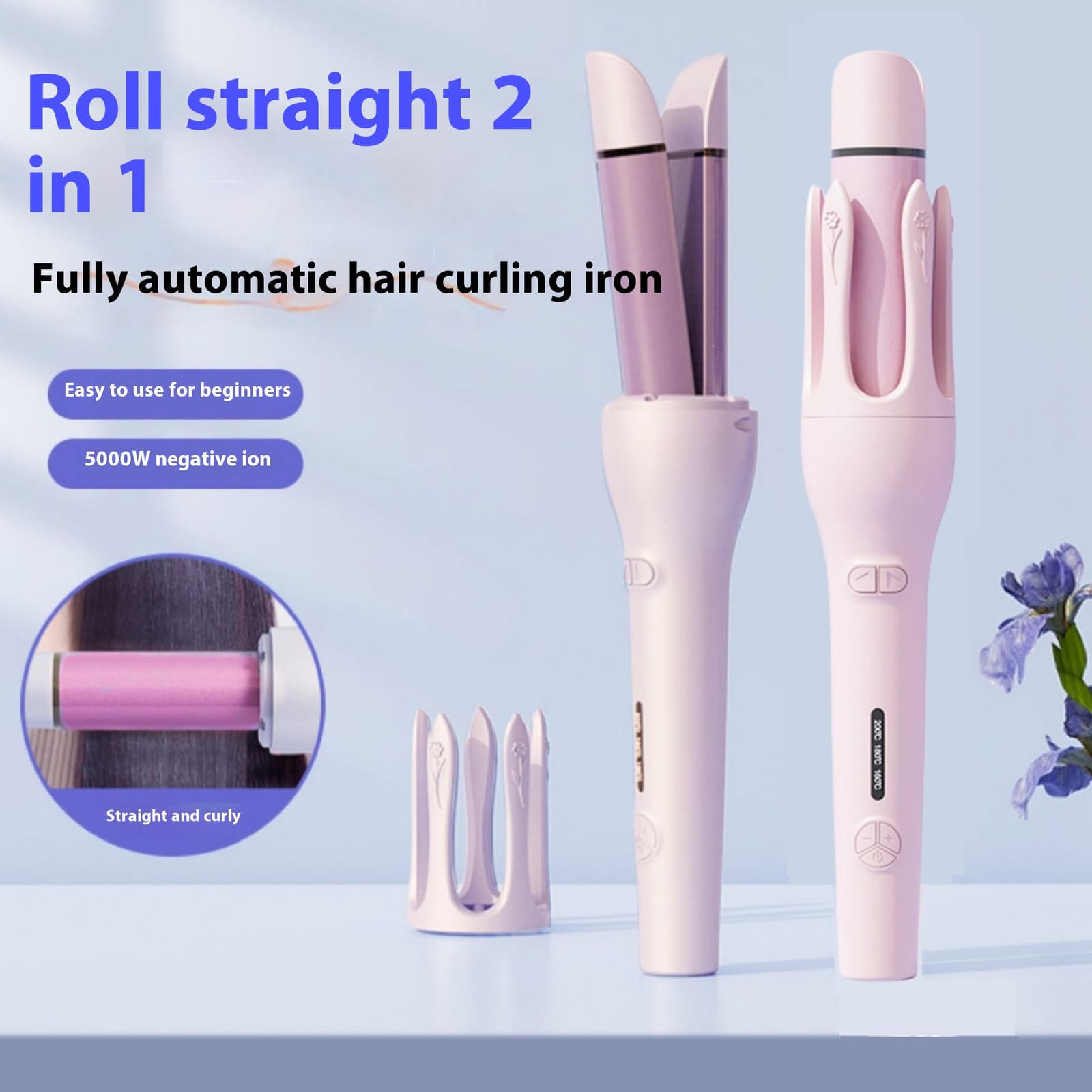 Rizador automático 2 en 1, cerámica, iones negativos, calentamiento rápido