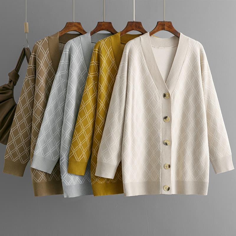 Cardigan de cuello en V con patrón de cuadrícula suelto