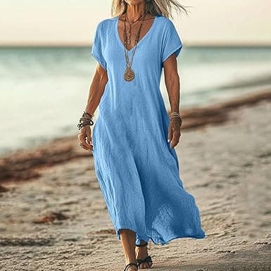 Vestido suelto de algodón y lino con escote V
