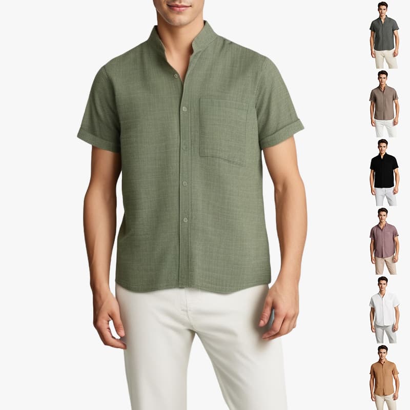Camisa de algodón y lino con cuello levantado