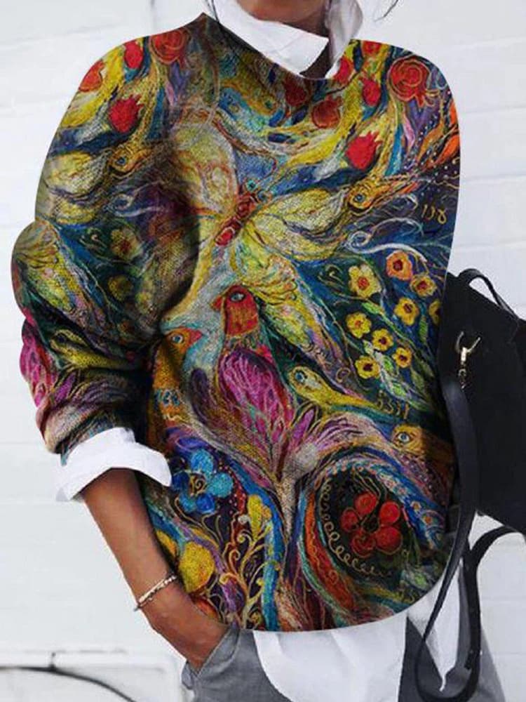 Blusa de manga larga suelta con estampado de mariposa