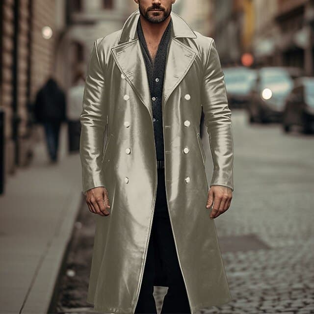 Abrigo trench doble pecho de cuero para hombre