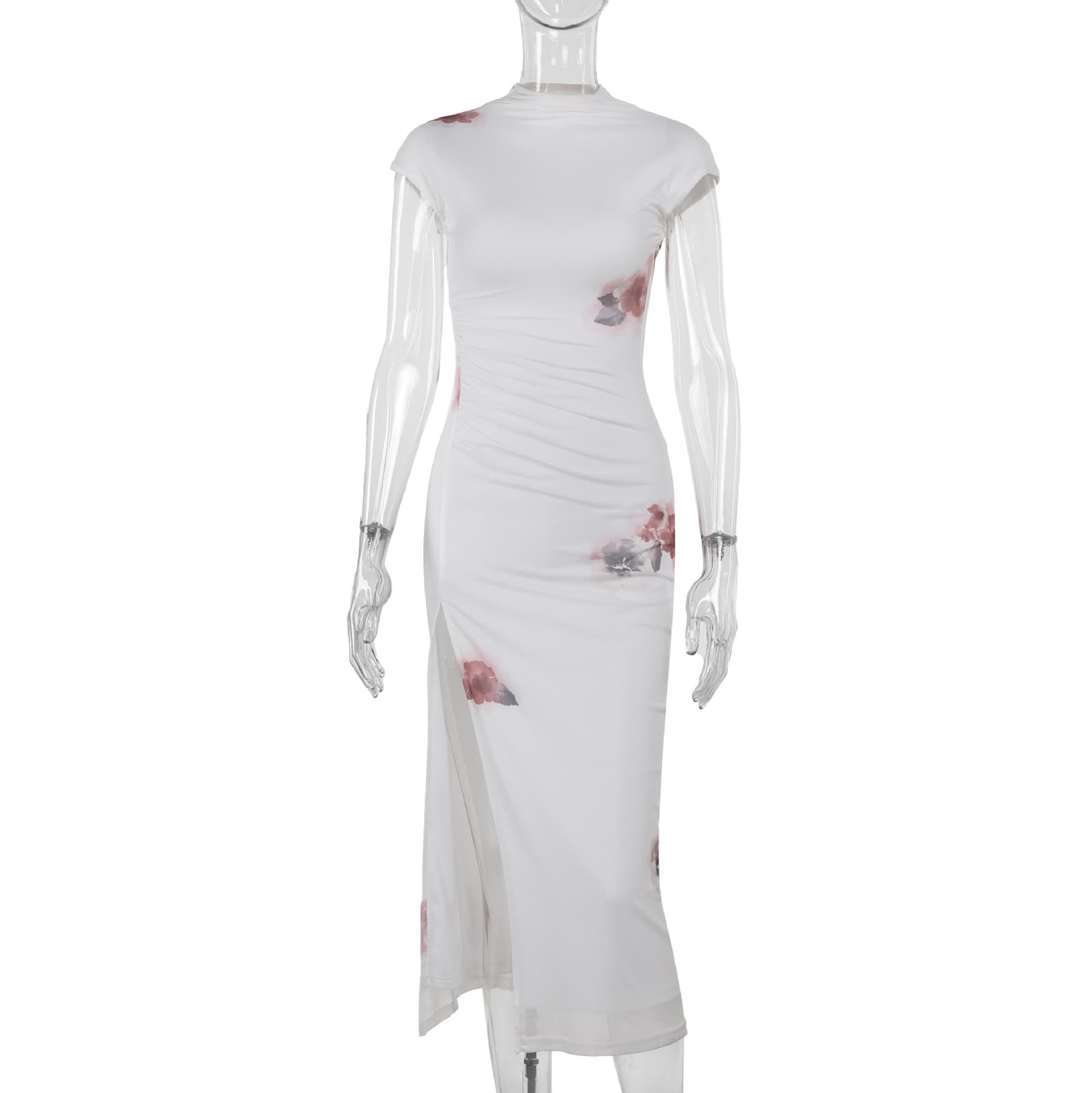Vestido ajustado con cuello alto y detalles de malla