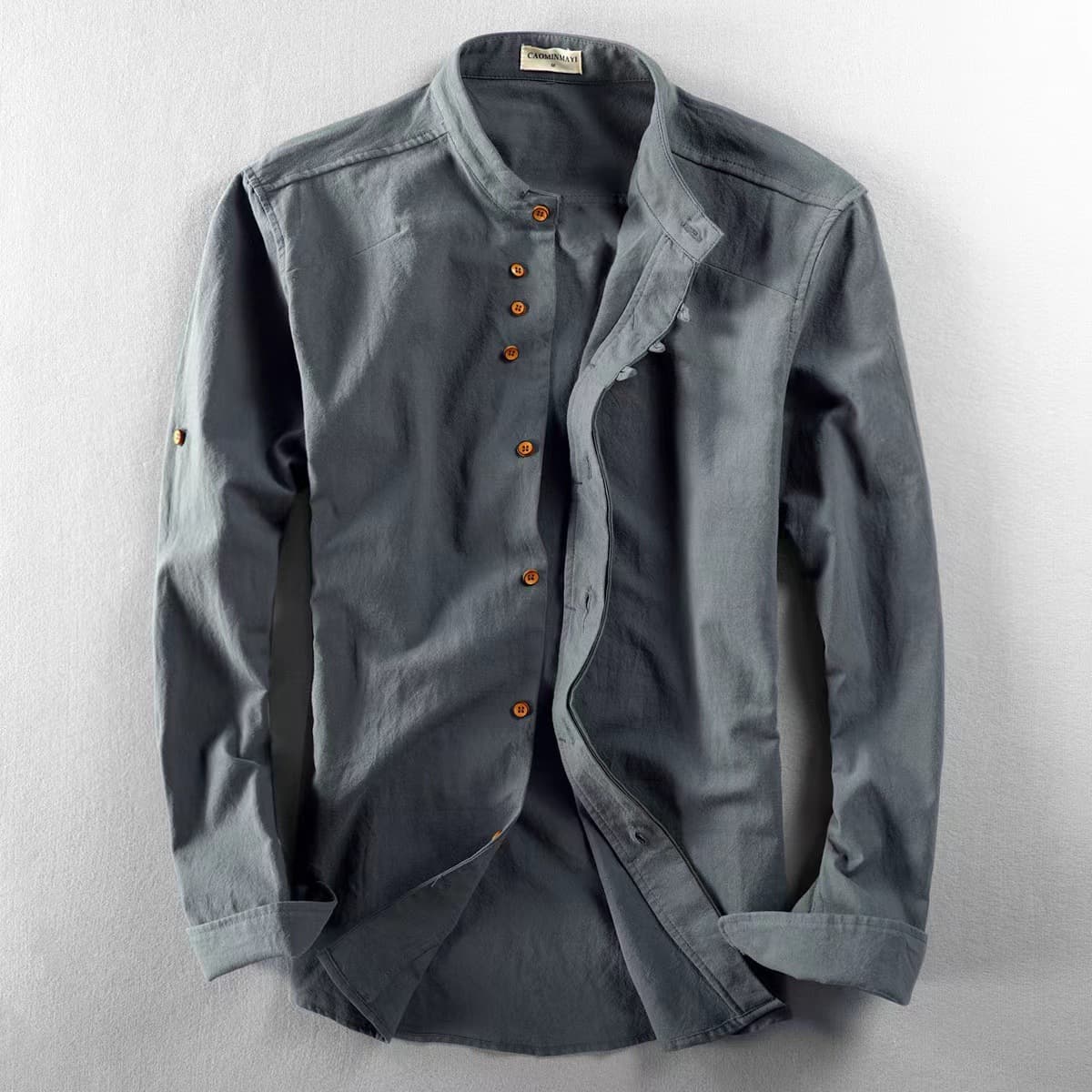 Camisa casual de lino con cuello parado estilo europeo