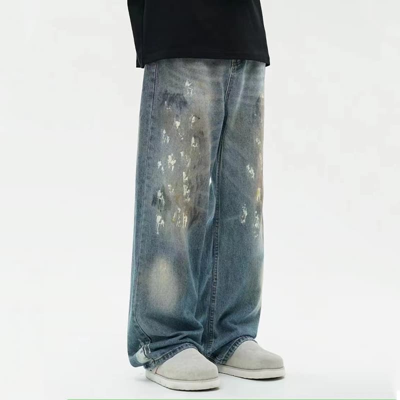 Pantalones anchos sueltos con diseño retro y pintura splash ink