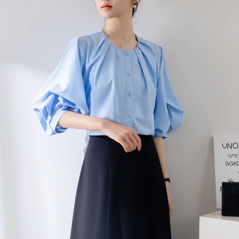 Blusa retro manga farol poliéster con empalmes elegantes