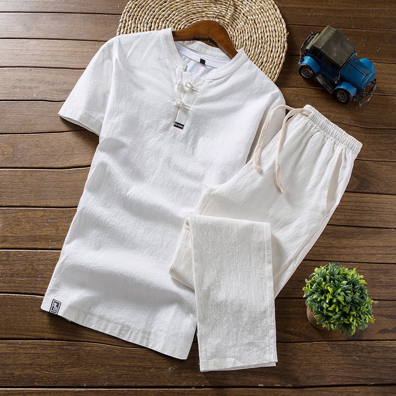 Conjunto lino retro: camiseta con botones chinos y pantalones capri