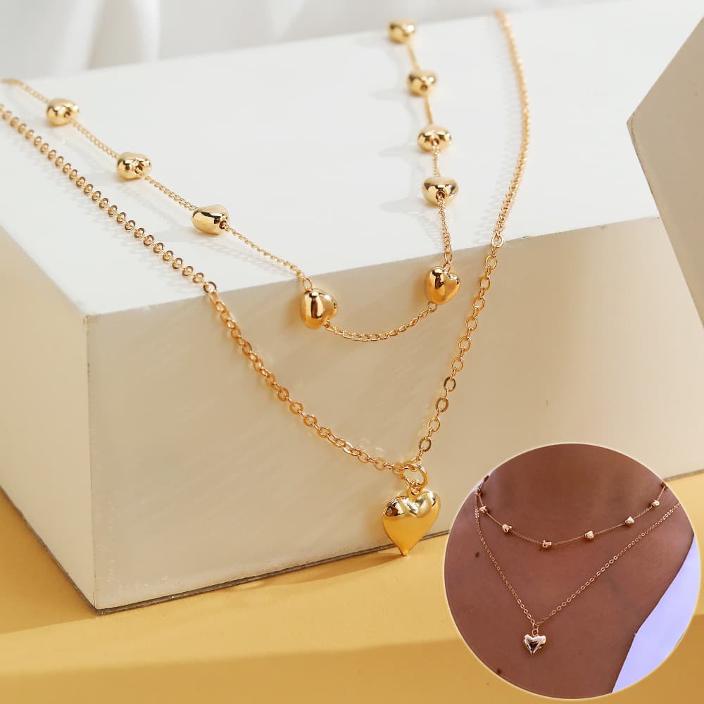 Collar de doble capa con colgante de corazón para mujeres