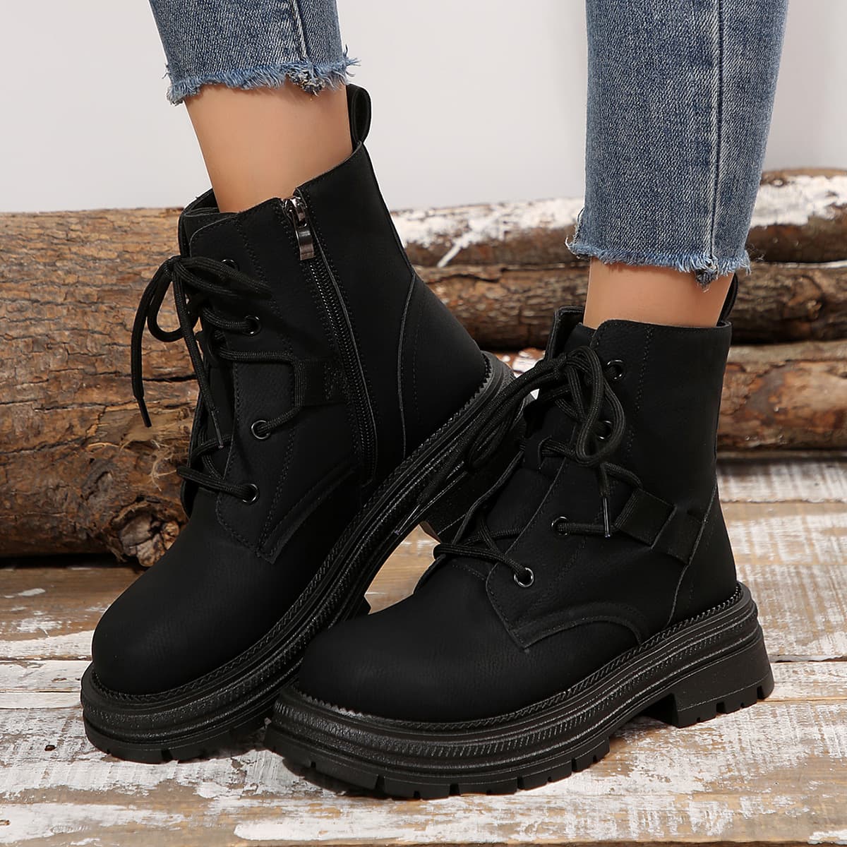 Botas de caña baja con cordones, tacón robusto para mujer