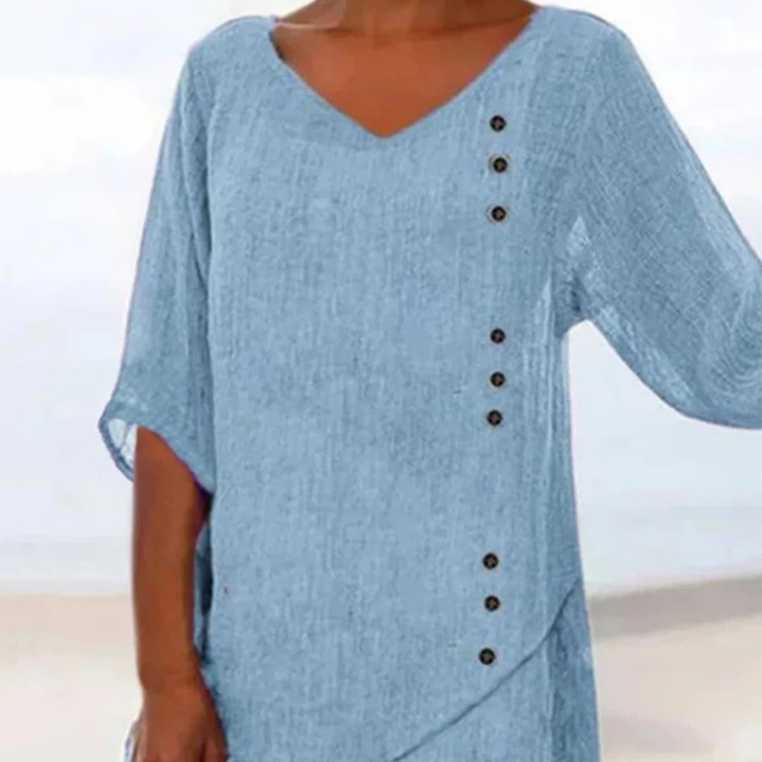 Camiseta mujer escote V algodón lino manga larga