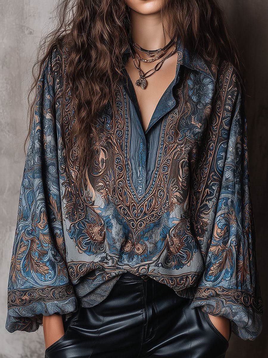 Blusa patchwork impresa de manga larga para mujer