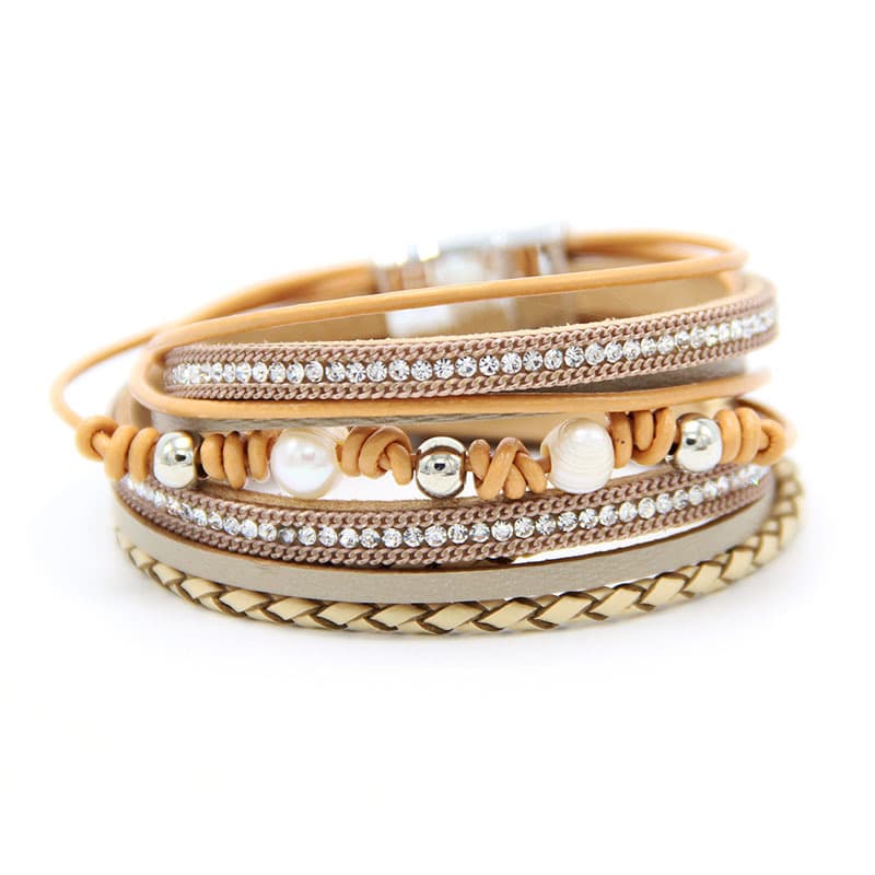 Pulsera de cuero tejido con perla y cierre magnético